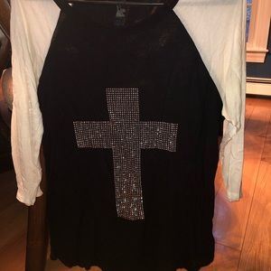 Black & White rhinestone cross shirt. Brand: Forever 21. Size: Small